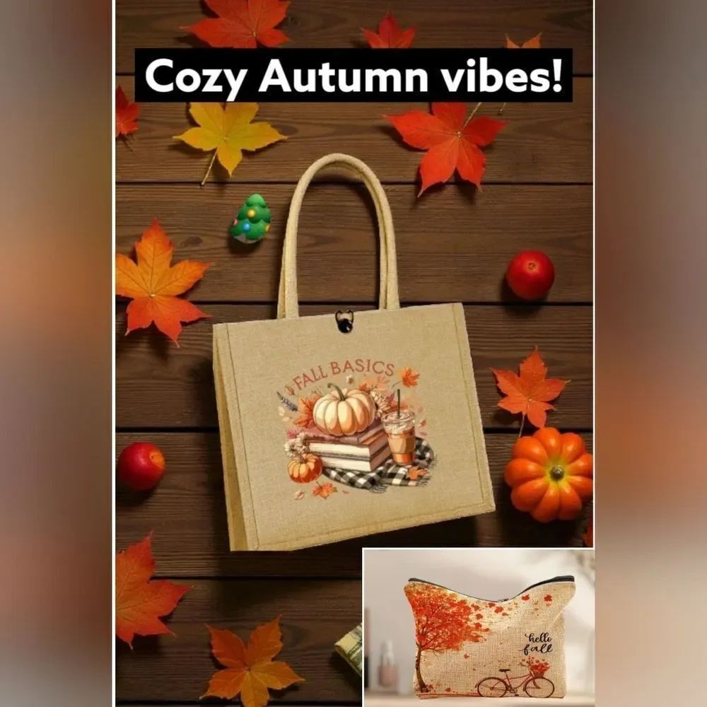 Autumn Harvest Beige Tote Bag, With Makeup Pouch.